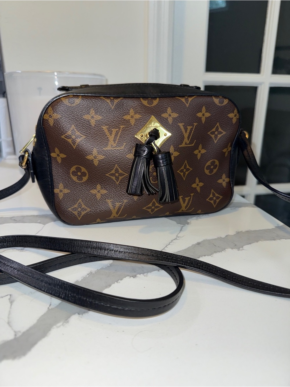 Louis Vuitton Brown Monogram Crossbody Camera Bag with Black Trim and Tassels